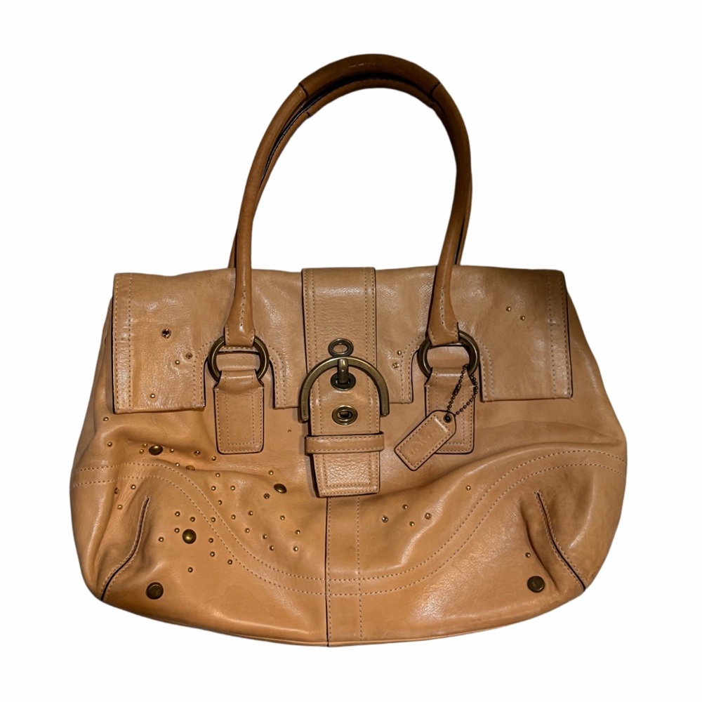 Coach Tan Leather Shoulder Bag with Decorative Studs